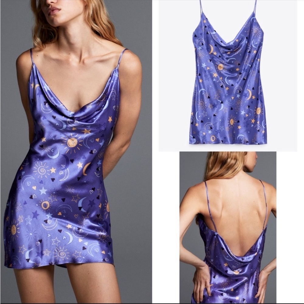 50. Zara Satin Effect Slip Moon and Stars Print Draped Mini Dress